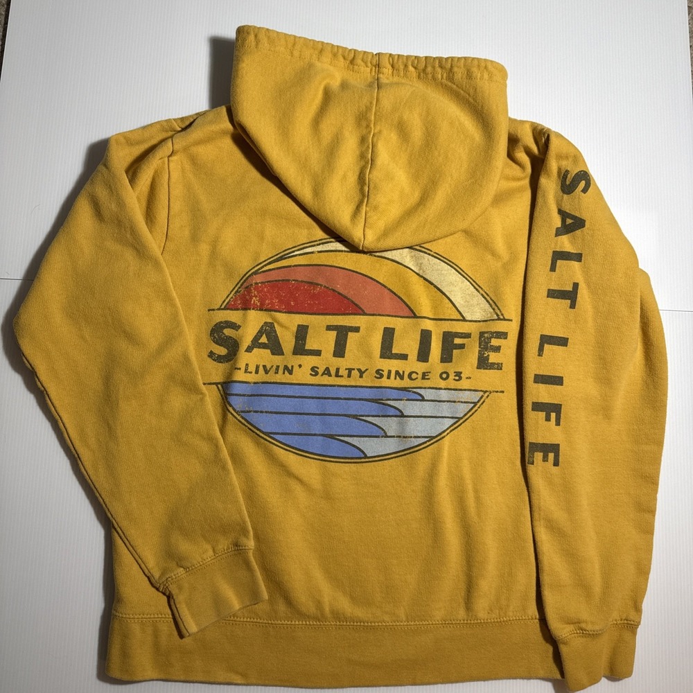 Salt Life Live Salty Unisex Size Small Yellow Y2K Retro Hoodie Sweatshirt VTG